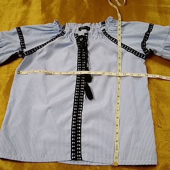 MANGO USA Blue and Black Relaxed Striped Embroidery Women's Blouses Size S - Picture 9 of 16